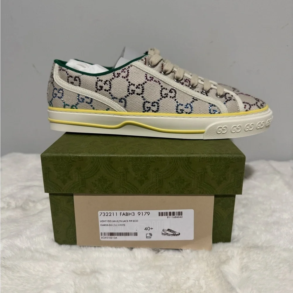 Gucci Beige Canvas Sneakers with Colorful Logo
